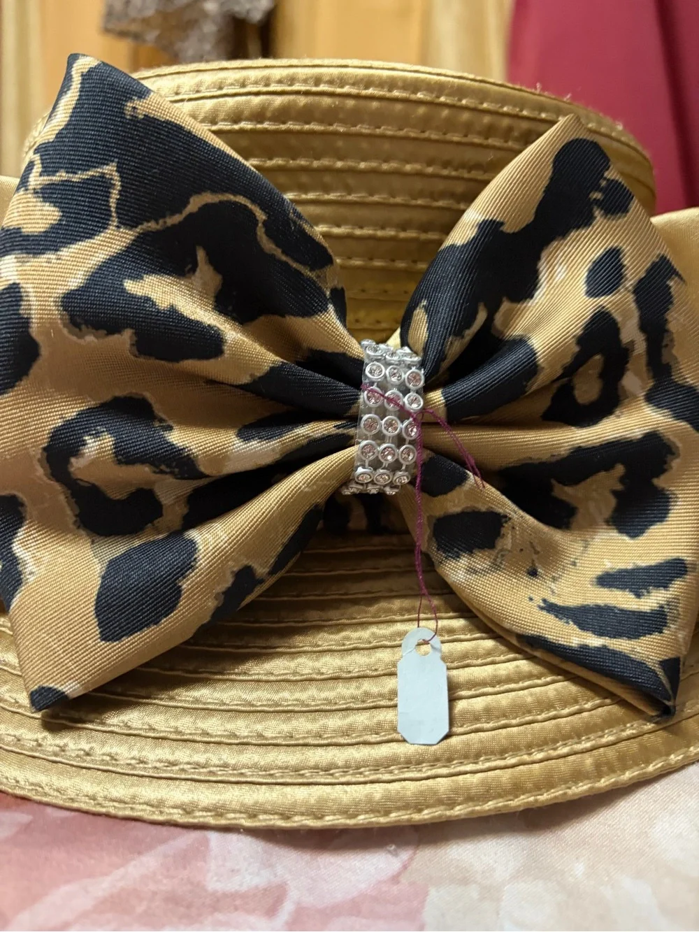 Ashro Gold Leopard Bow Straw Hat CHURCH HAT